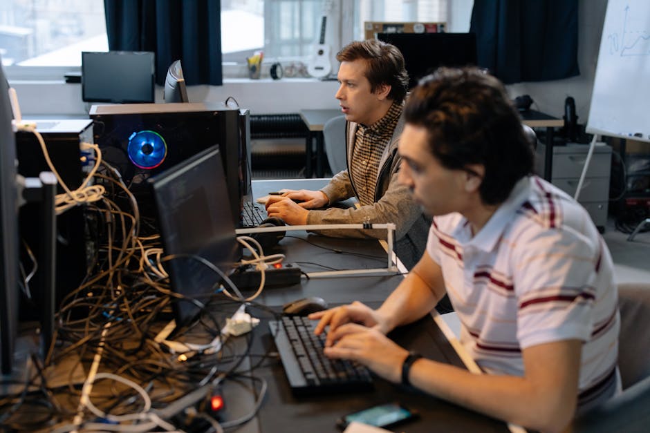 Male programmers working on computers in a modern office setting.